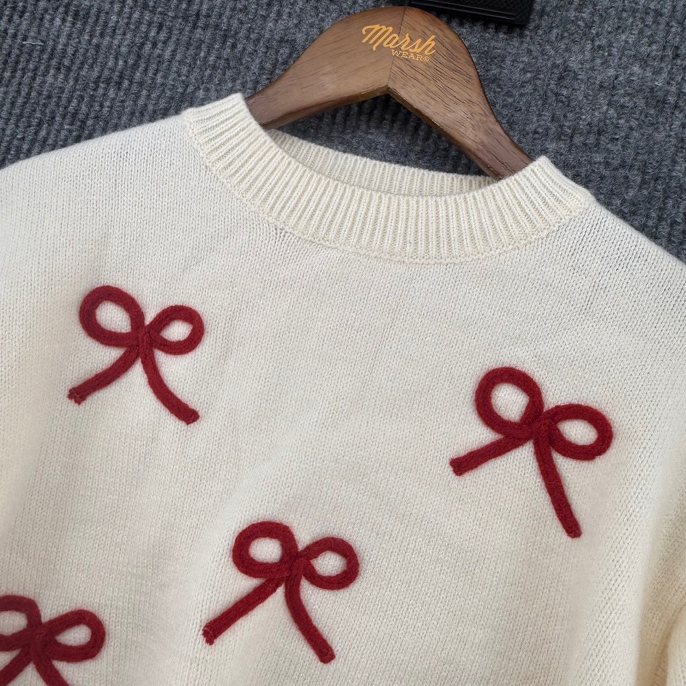 Shop The Mint Sweater Girls 14/16 Cream Excellent Red Bow Knit Pullover